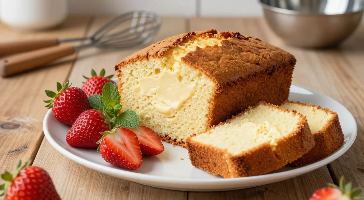 Sliced cream cheese pound cake loaf with fresh strawberries on a white plate
