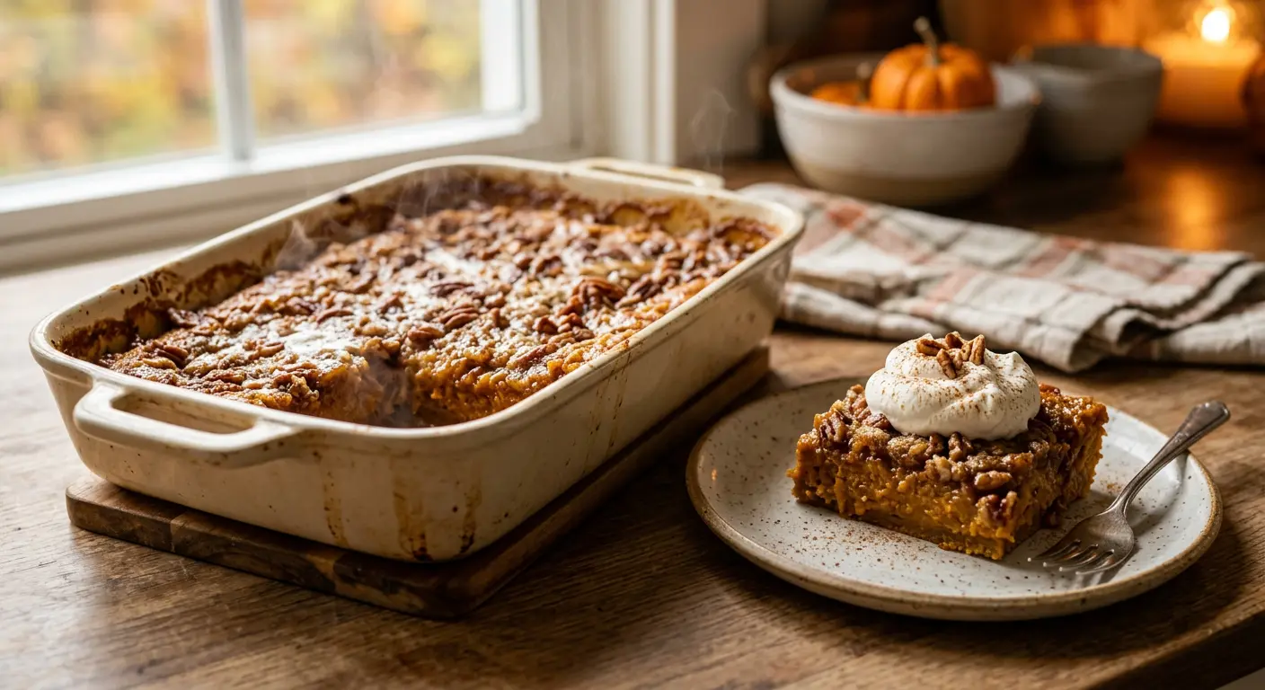 Pumpkin dump cake with a golden pecan topping in a baking dish, with a square served with whipped cream