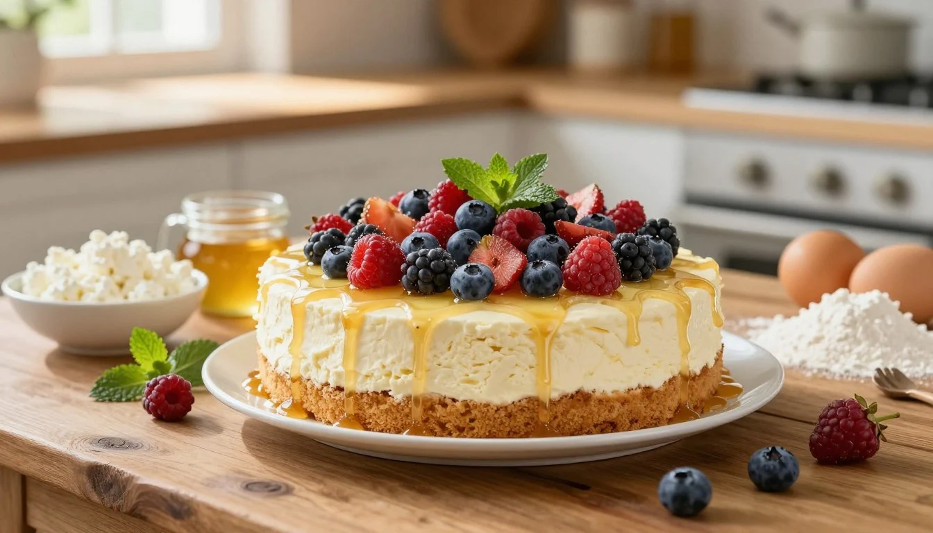 Cottage cheese cheesecake on a graham crust, sliced and served with fresh fruit