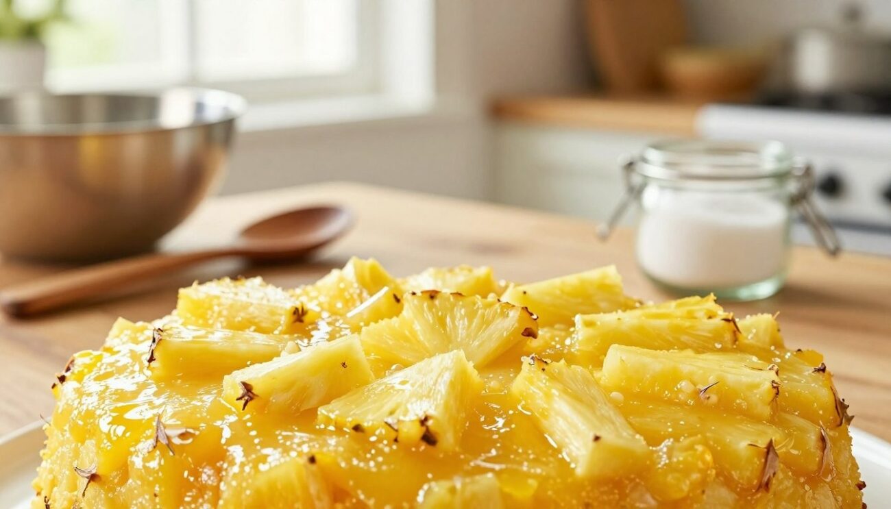 Pineapple cake topped with glossy caramelized pineapple, the topping this pineapple cake recipe bakes in the pan