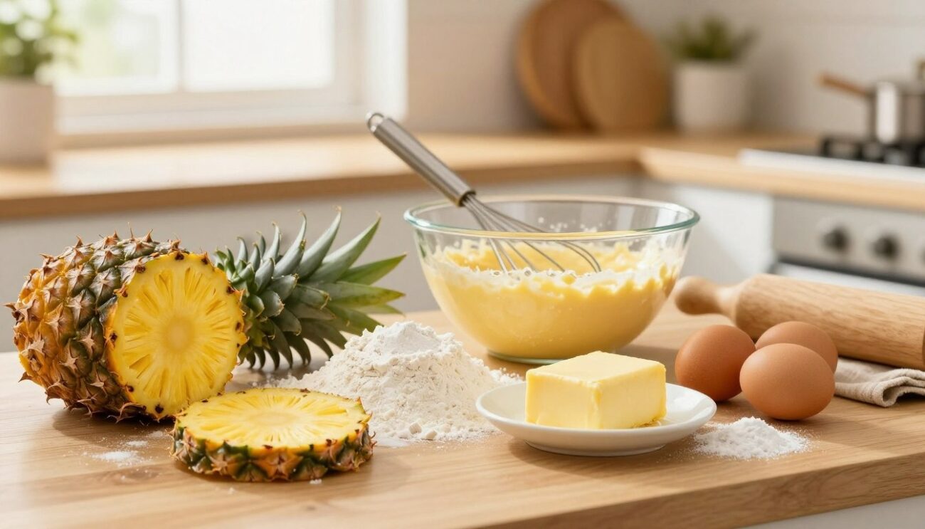 Ingredients for pineapple cake: a fresh pineapple, flour, butter, eggs and a bowl of whisked batter