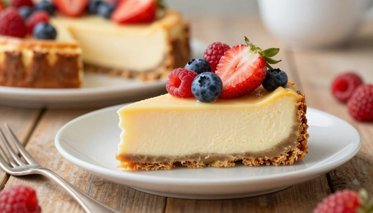 Slice of cottage cheese cheesecake topped with strawberries, blueberries and raspberries