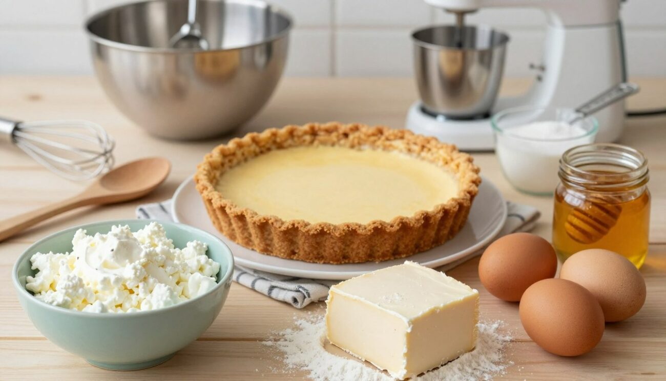 Baked cottage cheese tart in a crust next to a bowl of cottage cheese, eggs and honey