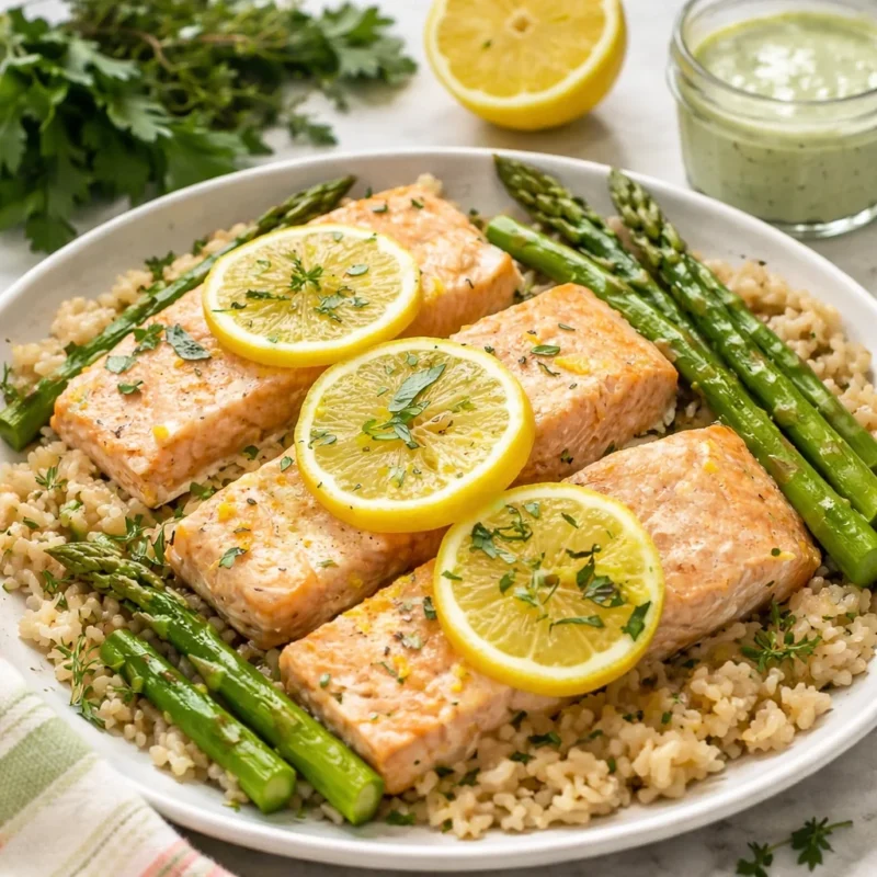 One-Pan salmon and rice dish garnished with herbs and lemon.