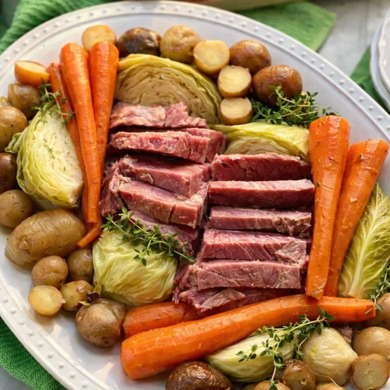 Delicious stovetop corned beef and cabbage with vegetables simmering in a pot.