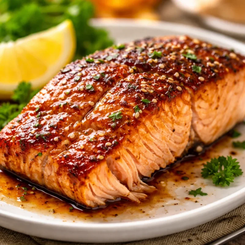 Brown sugar salmon fillets with a sticky caramelized glaze on a plate