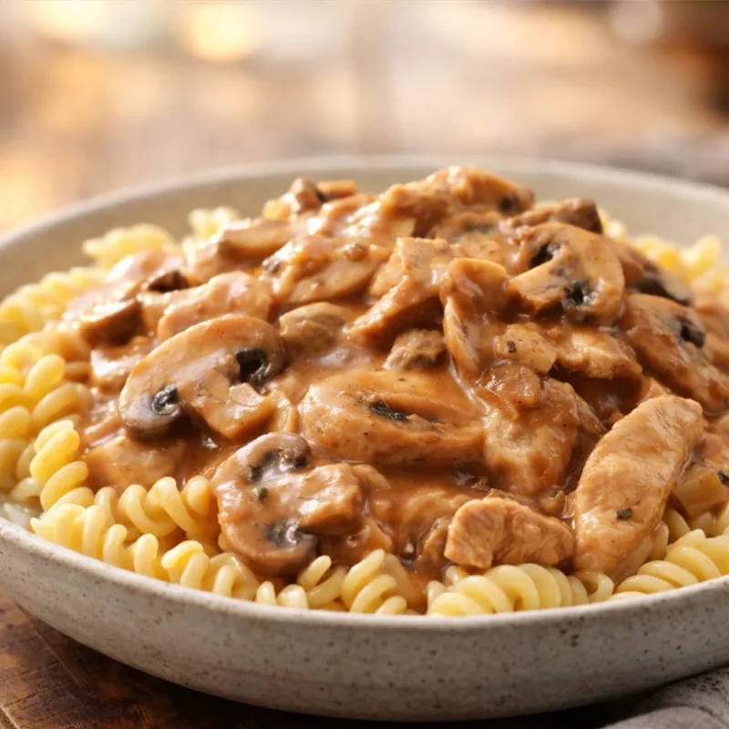 Delicious bowl of Campbell's Beef Stroganoff with creamy mushroom sauce and egg noodles.