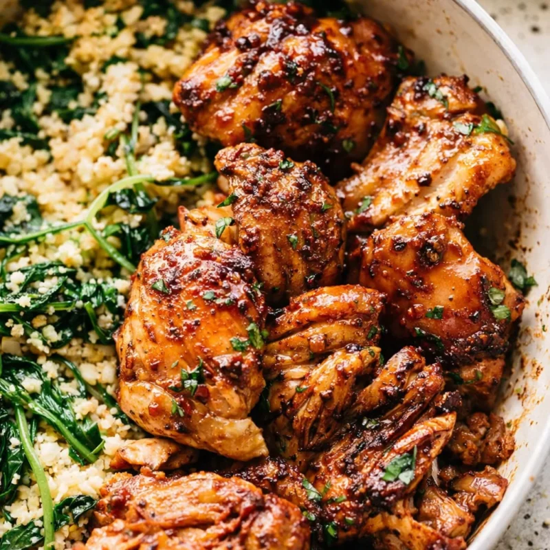 Pan-seared boneless skinless chicken thighs on the stove top, served with herbed couscous and greens