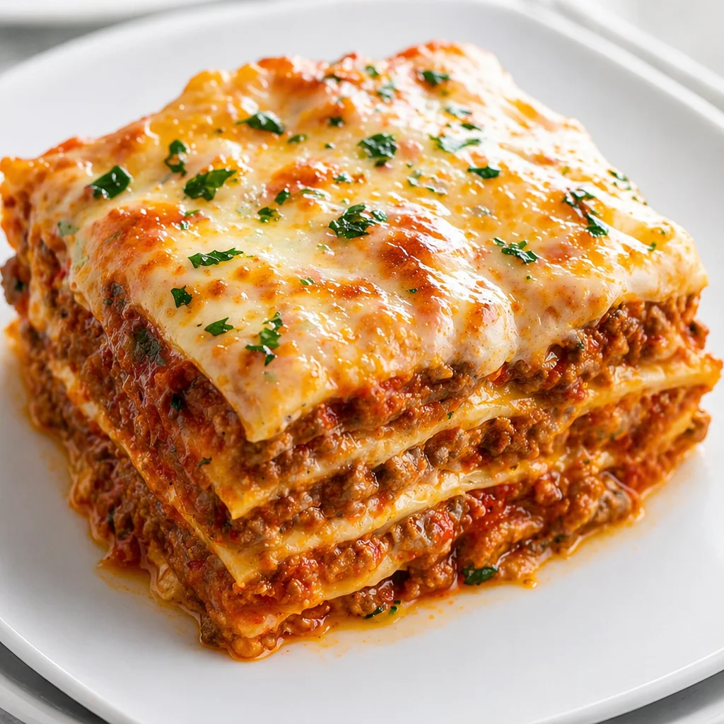 Delicious easy simple lasagna recipe with creamy ricotta and savory meat sauce.