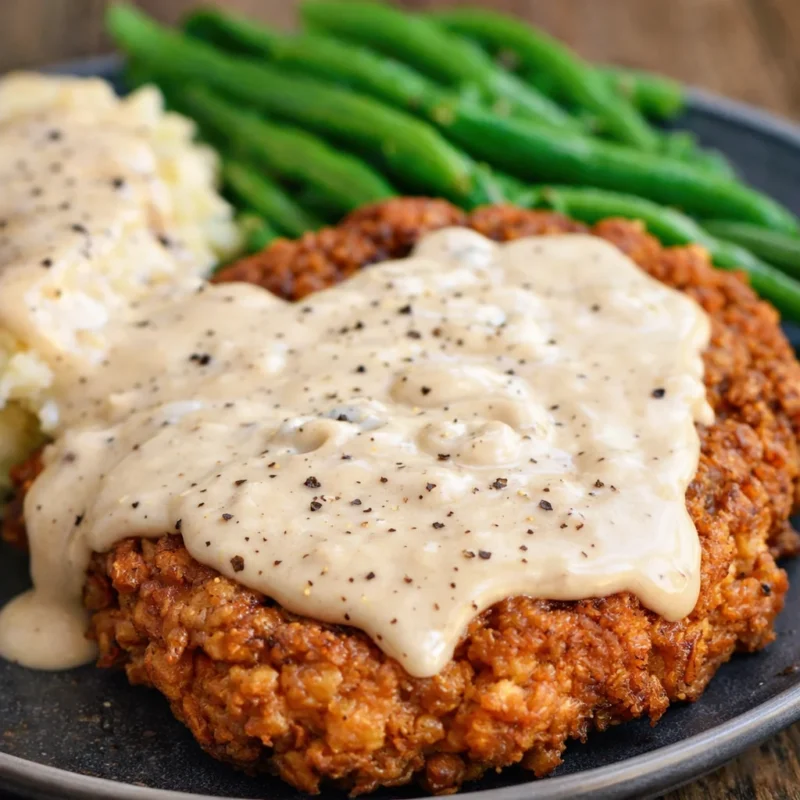 Delicious chicken fried steak served with creamy gravy and a side of mashed potatoes.
