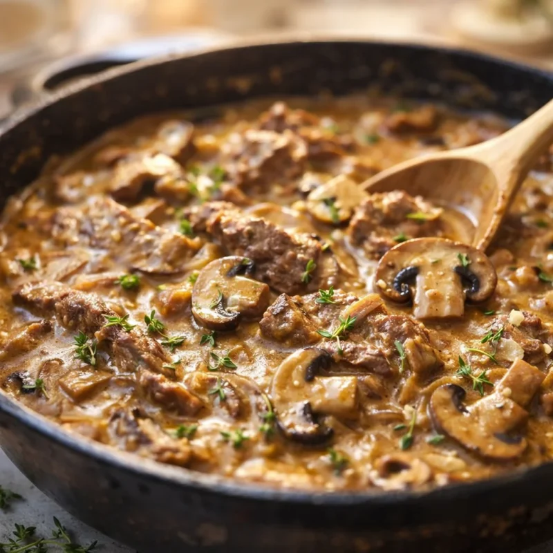 Delicious beef stroganoff with creamy sauce served over egg noodles.