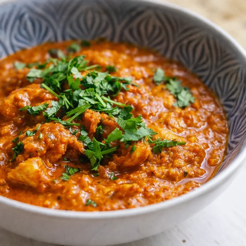 Bowl of nariyal chicken, a coconut chicken curry topped with fresh cilantro