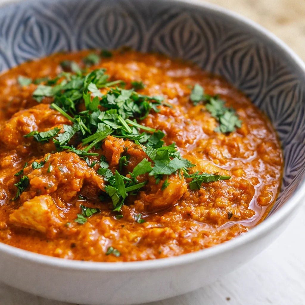 Bowl of nariyal chicken, a coconut chicken curry topped with fresh cilantro