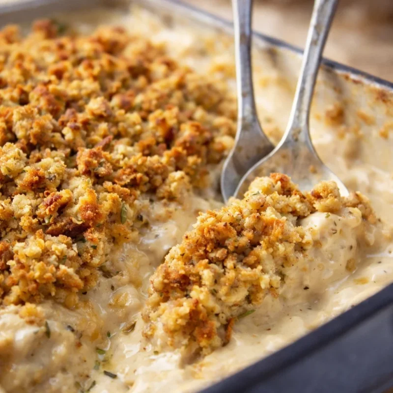 Chicken and stuffing bake in a casserole dish with a golden stuffing topping and creamy sauce