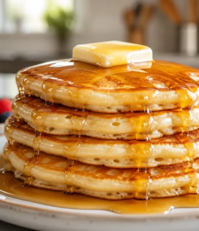 Fluffy homemade pancakes stacked on a plate, perfect for breakfast or brunch.
