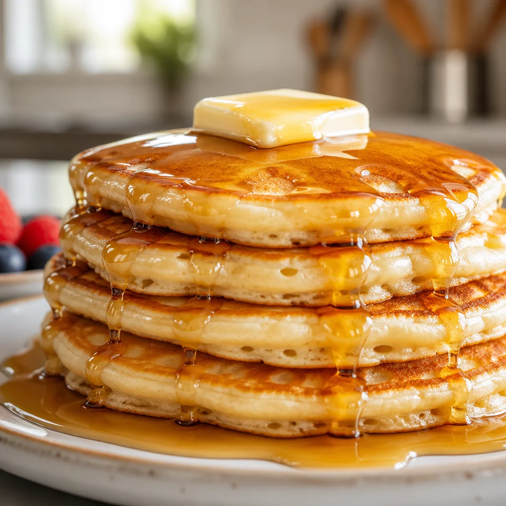 Fluffy homemade pancakes stacked on a plate, perfect for breakfast or brunch.