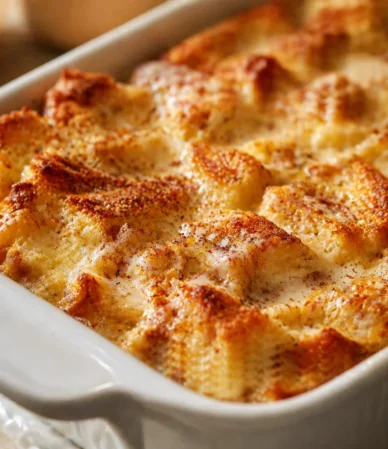 Delicious homemade bread pudding topped with creamy vanilla sauce.