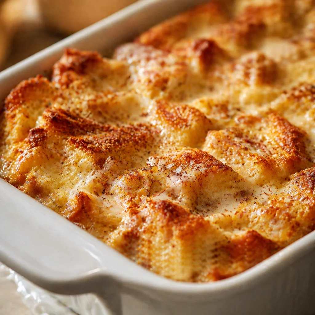 Delicious homemade bread pudding topped with creamy vanilla sauce.