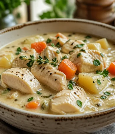 A hearty bowl of simple chicken stew with tender chicken, vegetables, and savory broth.
