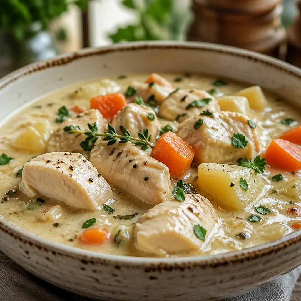A hearty bowl of simple chicken stew with tender chicken, vegetables, and savory broth.