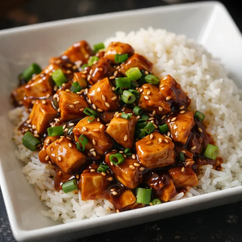 Crispy Bourbon Chicken served over rice with a sticky, sweet sauce.