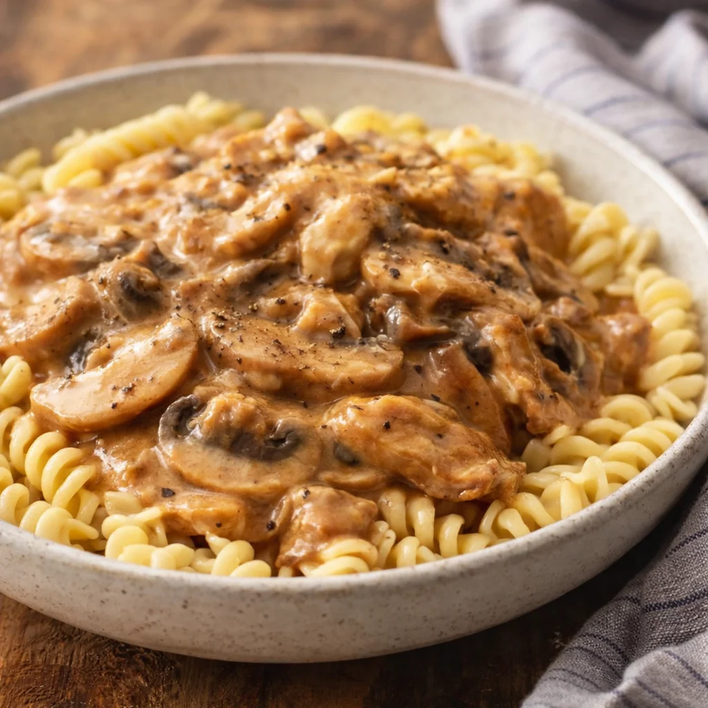 Delicious Campbells beef stroganoff served over egg noodles with a creamy mushroom sauce.