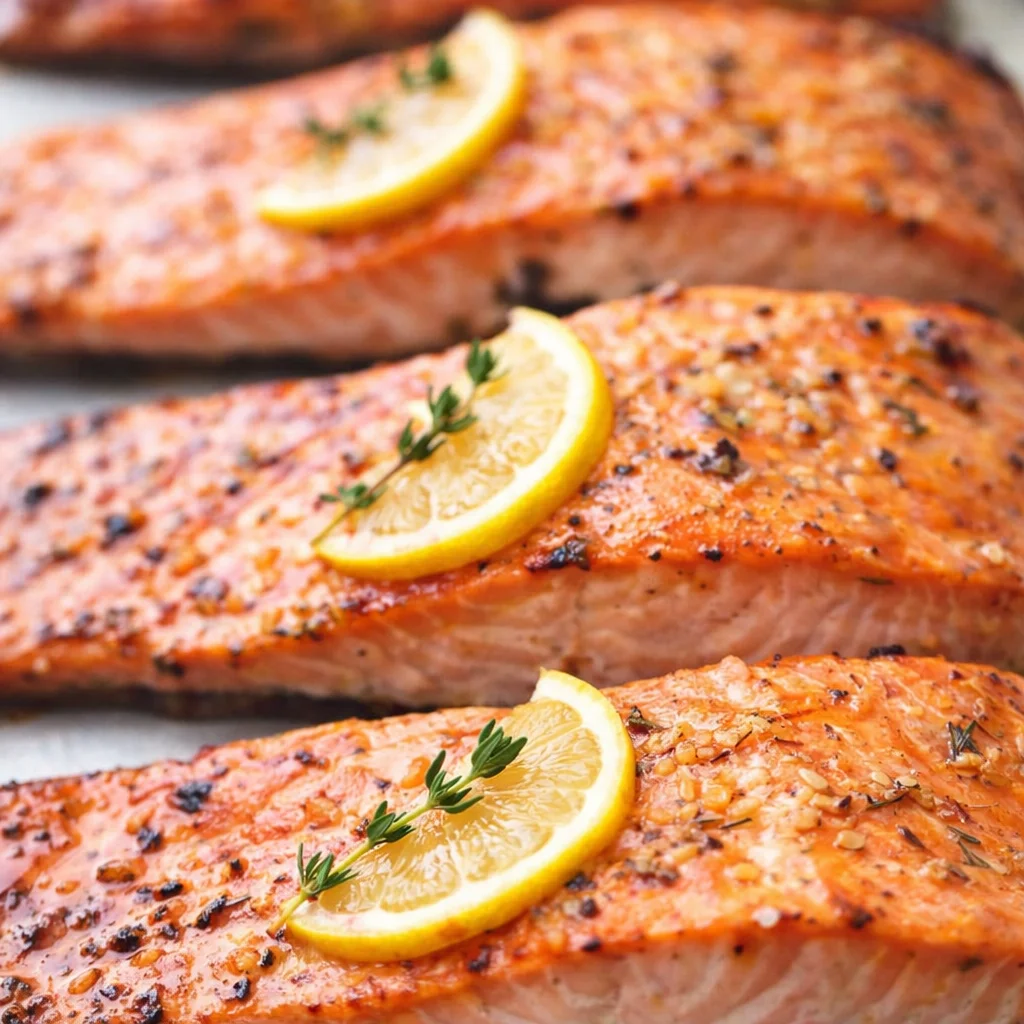 A beautifully baked salmon fillet topped with lemon and herbs on a serving plate.