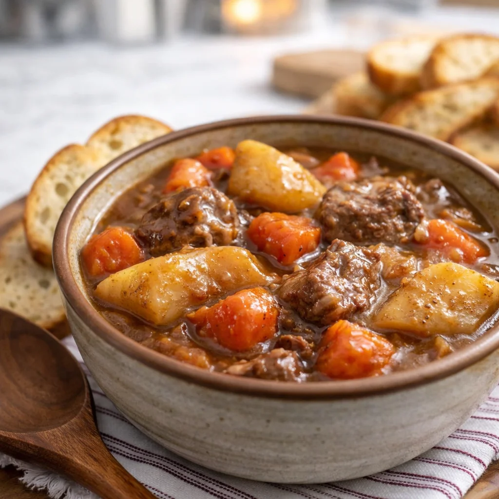 McCormick beef stew seasoned with potatoes, carrots, and celery for a hearty meal.