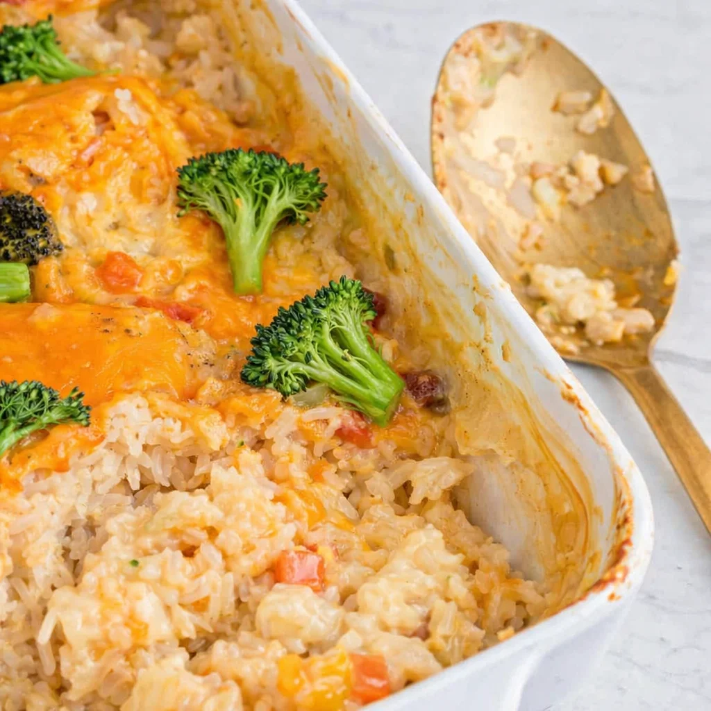 Campbell's Chicken and Rice Casserole with creamy sauce and vegetables in a baking dish.