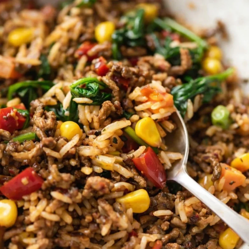 Delicious ground beef and rice skillet meal with vegetables in a vibrant bowl.