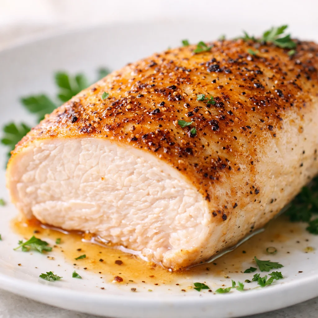 Juicy stove top chicken breast served with vegetables on a plate.