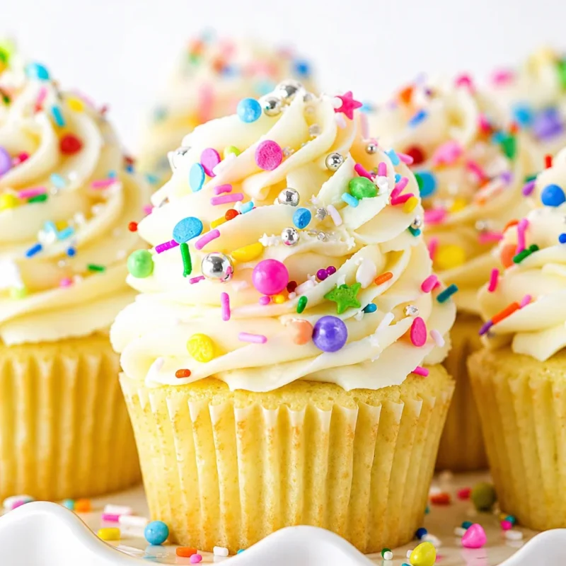 Delicious homemade vanilla cupcakes topped with buttercream frosting.