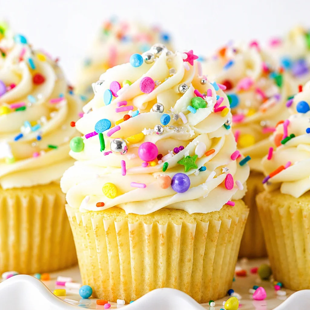 Delicious homemade vanilla cupcakes topped with buttercream frosting.