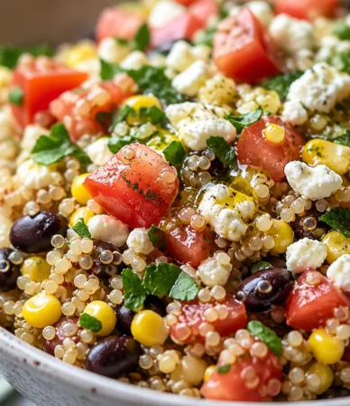 A plate of easy simple quinoa recipes with various colorful ingredients.