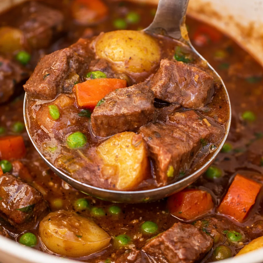 Hearty stovetop beef stew with tender meat and vegetables in savory gravy.