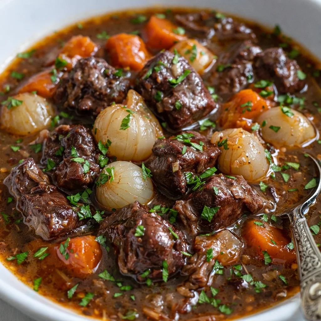Delicious beef bourguignon recipe by Ina Garten featuring tender beef, bacon, and red wine.