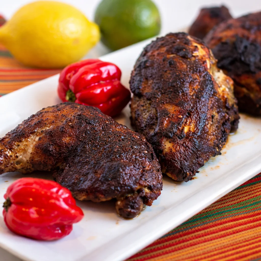 Juicy and flavorful oven baked jerk chicken with spicy Jamaican seasoning.