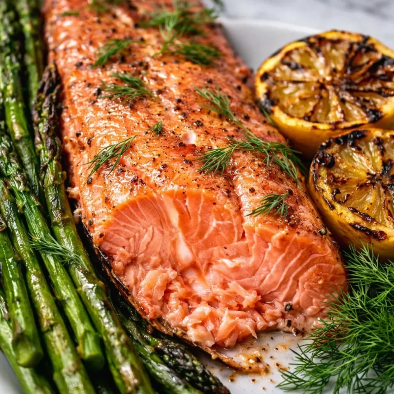 Grilled sockeye salmon served with lemon and herbs on a plate.