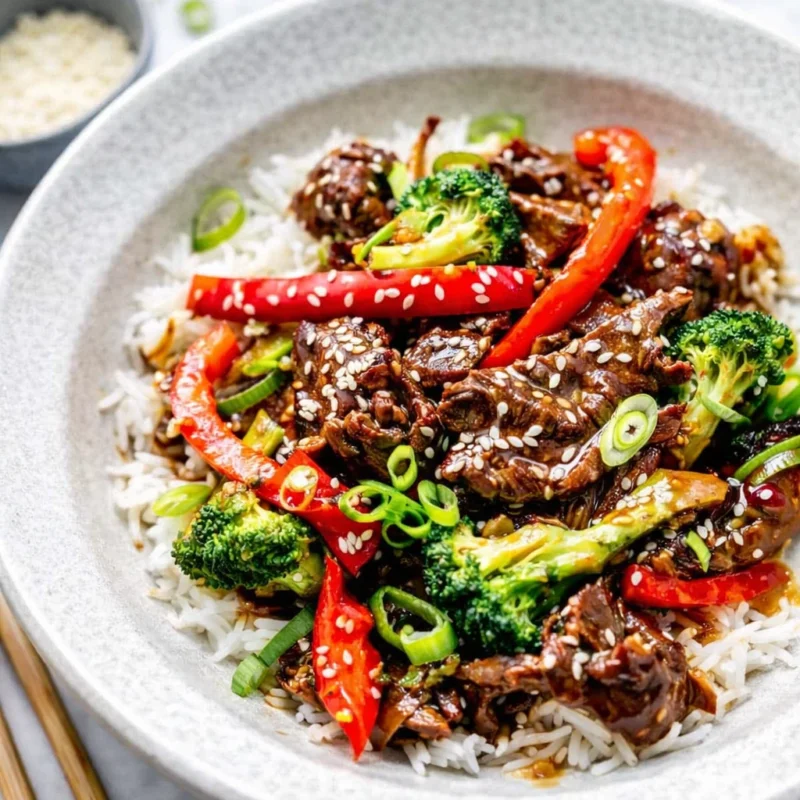A delicious plate of shaved steak stir fry with colorful vegetables.