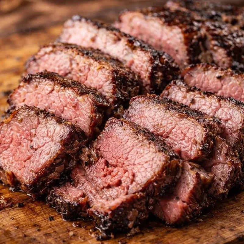 Grilled Traeger steak with perfect sear and smokey flavor.