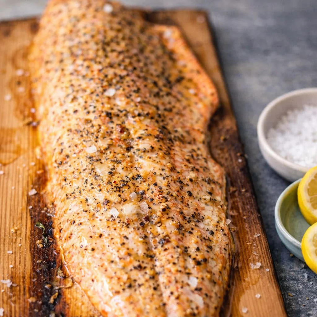 Side of cedar plank salmon seasoned with pepper and salt, served with lemon halves