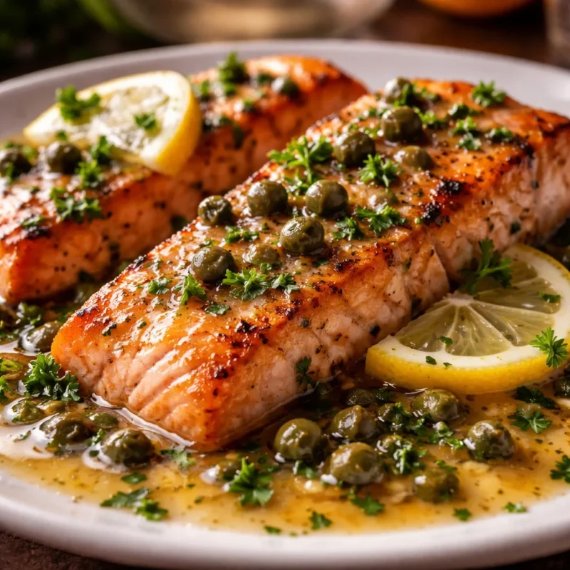 Salmon piccata fillets in lemon butter sauce with capers, parsley and lemon slices