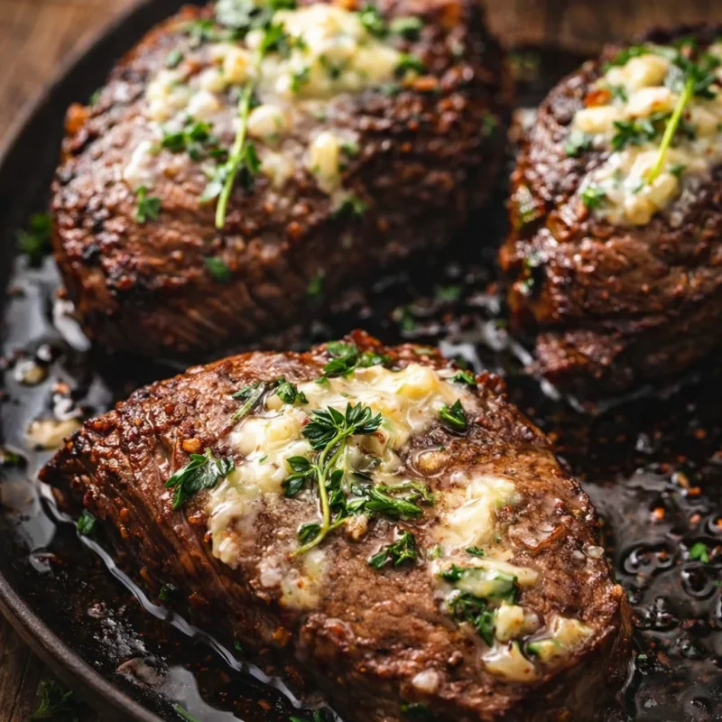 Juicy sirloin steak cooked to perfection with garlic butter and herbs.