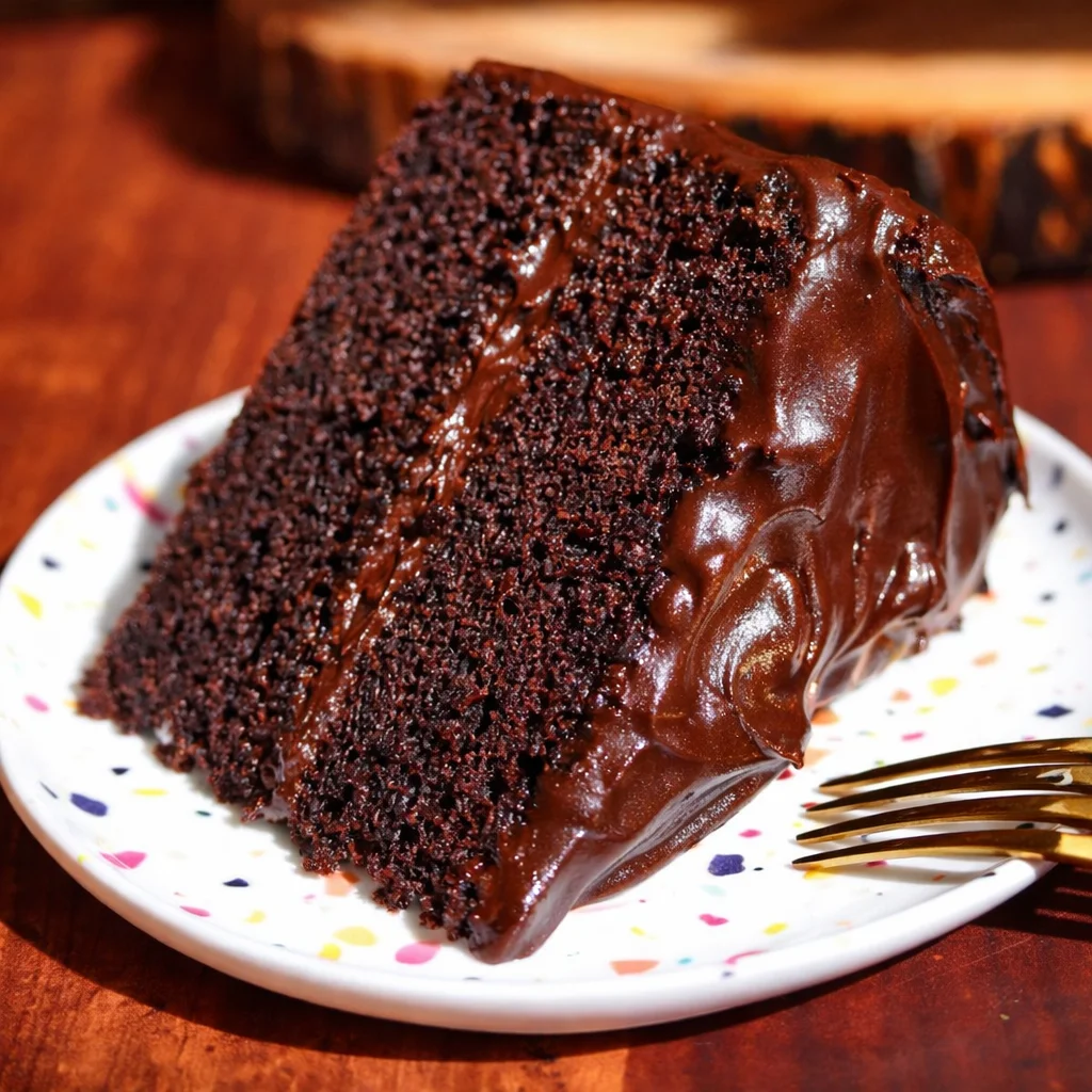 A slice of moist chocolate cake topped with glossy chocolate fudge frosting.