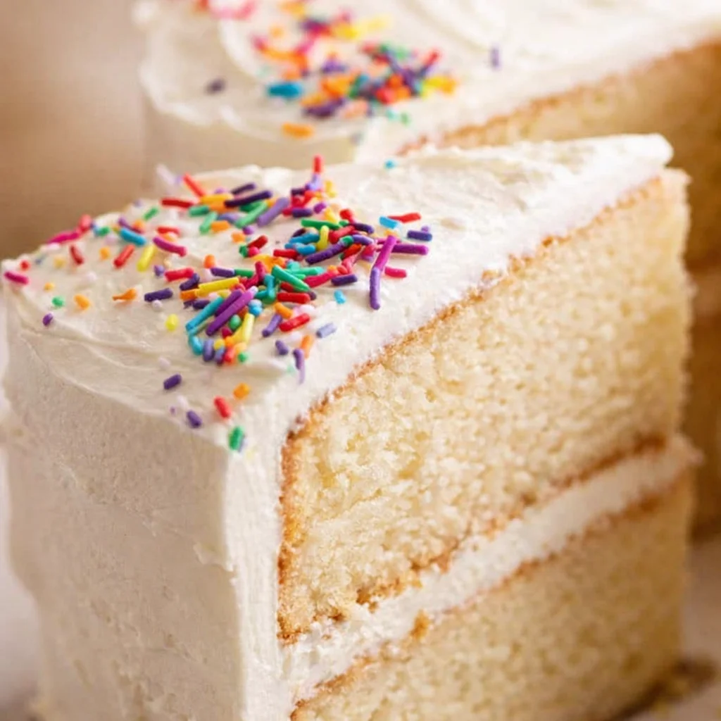 Slice of layered vanilla cake with vanilla buttercream and rainbow sprinkles, made from this simple vanilla cake recipe