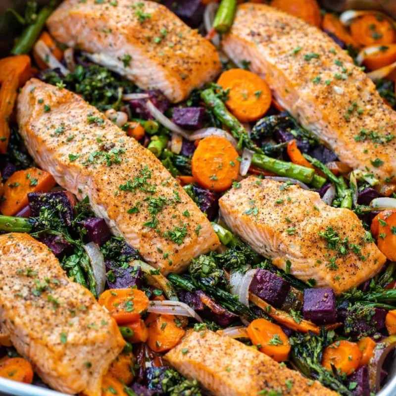 One pan salmon with vegetables: seasoned salmon fillets roasted with carrots, broccolini, sweet potato and red onion