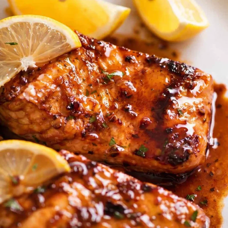 Glazed grilled salmon fillets with lemon wedges, the result of learning how to grill salmon