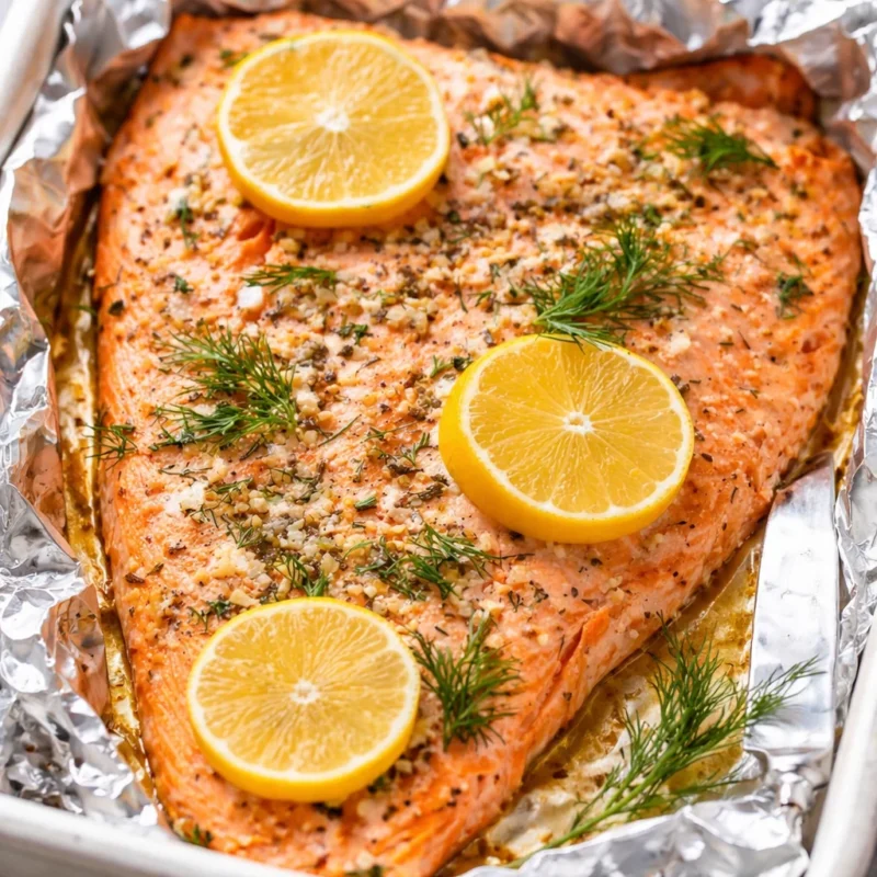 Side of baked sockeye salmon on foil topped with lemon slices, garlic butter and fresh dill