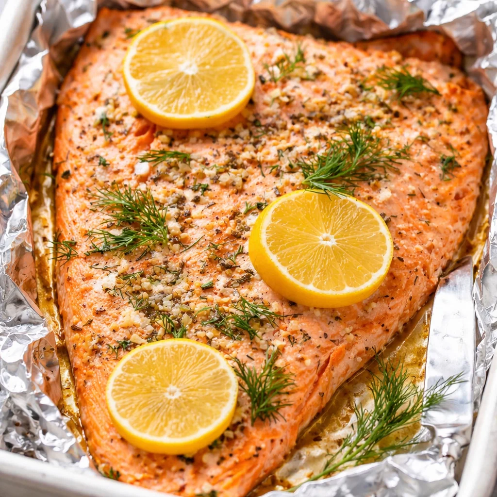 Side of baked sockeye salmon on foil topped with lemon slices, garlic butter and fresh dill