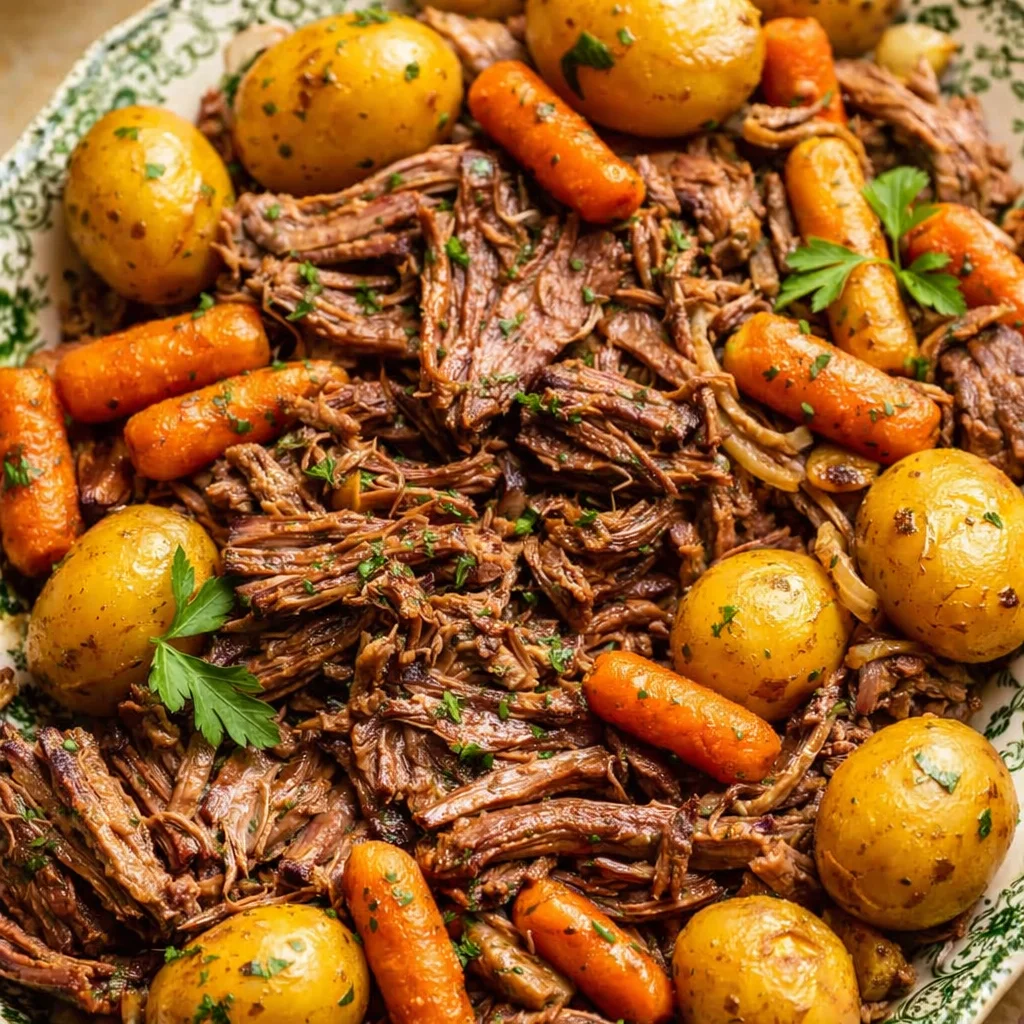 Tender crock pot chuck steak surrounded by flavorful vegetables in a slow cooker.